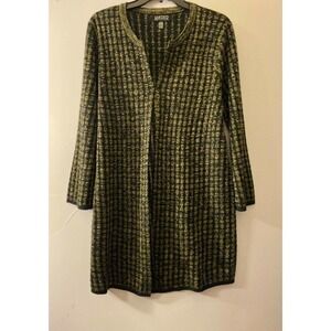 KASPER Womens Metallic Open Front Long Cardigan Sweater Black Gold Stretchy